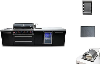 Mont Alpi 132"W Black Stainless Steel Outdoor Kitchen Island with 44"W 6-Burner BBQ Gas Grill + Beverage Center Faucet & Sink + Refrigerator + Side Burner Pizza Oven + Charcoal Tray + Griddle Plate
