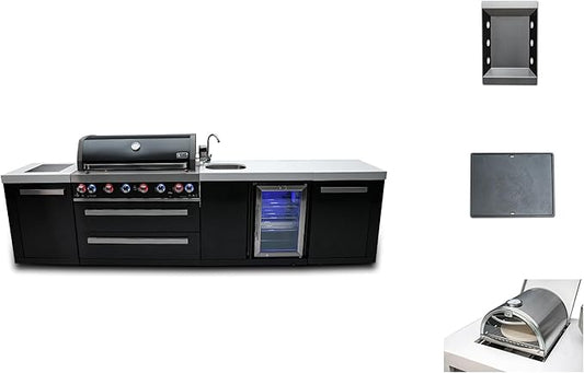 Mont Alpi 132"W Black Stainless Steel Outdoor Kitchen Island with 44"W 6-Burner BBQ Gas Grill + Beverage Center Faucet & Sink + Refrigerator + Side Burner Pizza Oven + Charcoal Tray + Griddle Plate