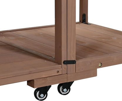 GDFStudio Elshire Patio Kitchen Island Cart with Storage, Wooden Outdoor Storage Cabinet with Stainless Steel BBQ Prep Table Top, Drawers, Raised Shelf and Lockable Wheels, Garden Potting Bench, Brown