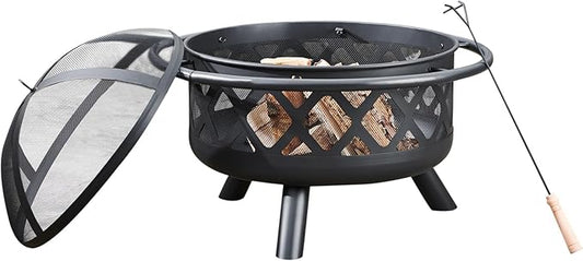 Teamson Home Round Steel Outdoor Fire Pit Outside Wood Burning Firepit Bonfire with Firebowl, Poker, Mesh Screen for Patio Garden Backyard BBQ, 30 Inch, Black