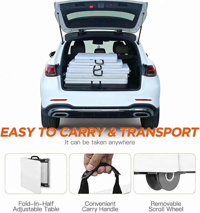 8ft Folding Table, Portable Foldable Plastic Table with Heavy-Duty Top & Reinforced Legs, 360lbs Capacity for Wedding, Party, Camping, Craft Fair, Picnic, Indoor Outdoor Use, White