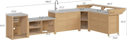 MOUMON Patio Kitchen Storage Cabinet Set with Countertop, Solid Cedar Patio Prep Table Set for Grilling, Outdoor Cooking Station, Oak
