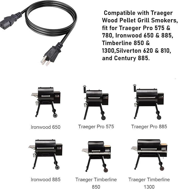 Power Cord Replacement for D2 Traeger Wood Pellet Grill Pro 575/780, Ironwood 650/885, Timberline 850/1300 Wood Pellet Grill Smokers,120V,6 Feet