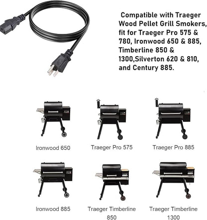 Power Cord Replacement for D2 Traeger Wood Pellet Grill Pro 575/780, Ironwood 650/885, Timberline 850/1300 Wood Pellet Grill Smokers,120V,6 Feet