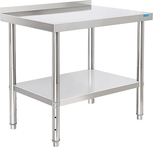 KUARBARR Stainless Steel Table for Prep & Work with Backsplash 24 x 30 Inches NSF Metal Commercial Kitchen Adjustable Under Shelf Worktable for Restaurant Home Outdoor