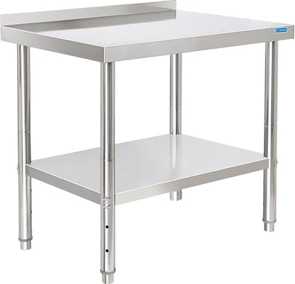 KUARBARR Stainless Steel Table for Prep & Work with Backsplash 24 x 30 Inches NSF Metal Commercial Kitchen Adjustable Under Shelf Worktable for Restaurant Home Outdoor