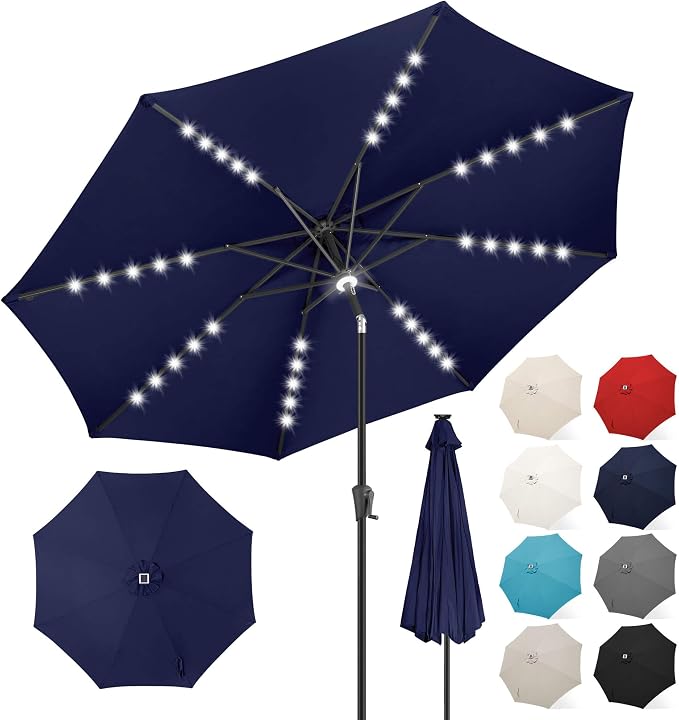 FLAME&SHADE Solar Patio Umbrella with a Centre Light, 9 FT Navy Blue | 40 LED Lights, UV Protection, Waterproof, Porch Deck Outdoor Umbrella for Pool, Backyard, Garden, Provides Evening Lighting