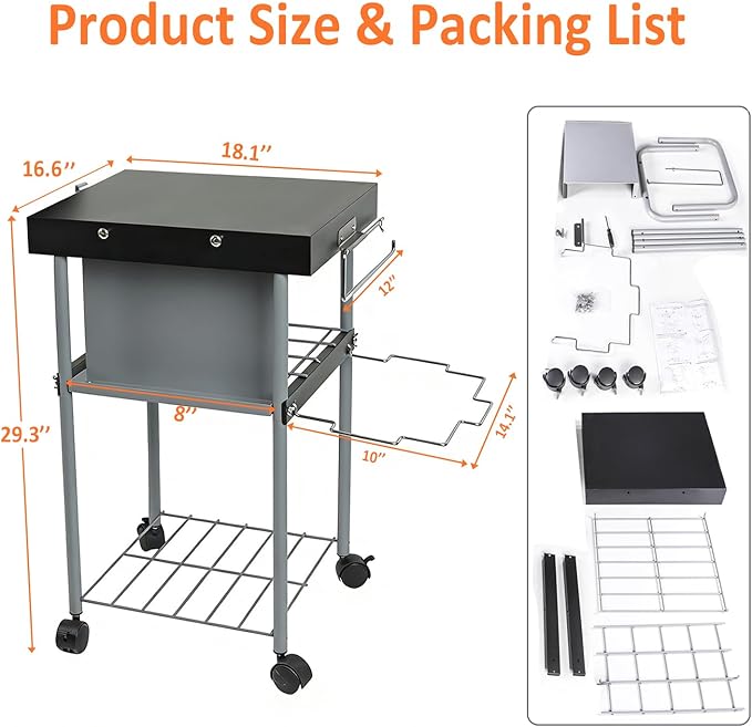 Rolling Grill Side Table Cart for 18"/22" Weber Charcoal Kettle Grills - Outdoor Prep Stand with Wheels, Mesh Storage Racks for Backyard BBQ, Camping, Parties