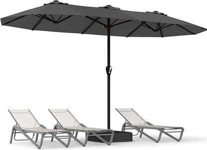 15FT Large Patio Umbrella with Base, Double Sided Rectangular Outdoor Umbrella with Sturdy Fiberglass Ribs, UPF 50+ Sun Protection, Wind-Resistant, Waterproof Fade-Resistant Fabric for Pool, Garden, Backyard, Deck(Gray)