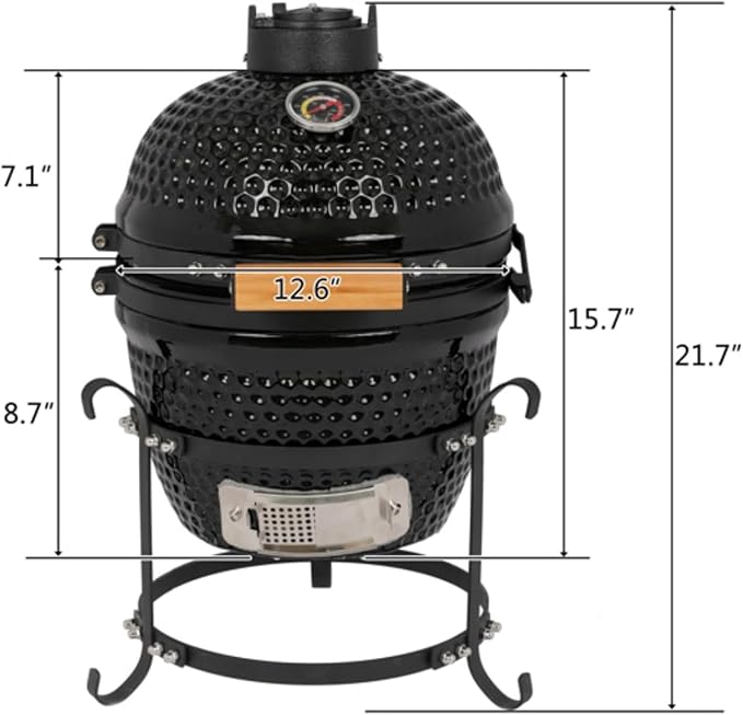 13in Round Ceramic Grill, Kamado BBQ Charcoal Grill, Portable Barbecue Grill with Thermometer for Variations on Cooking Methods, Low Stand and Side Handles, Black