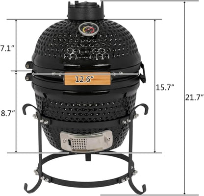 13in Round Ceramic Grill, Kamado BBQ Charcoal Grill, Portable Barbecue Grill with Thermometer for Variations on Cooking Methods, Low Stand and Side Handles, Black