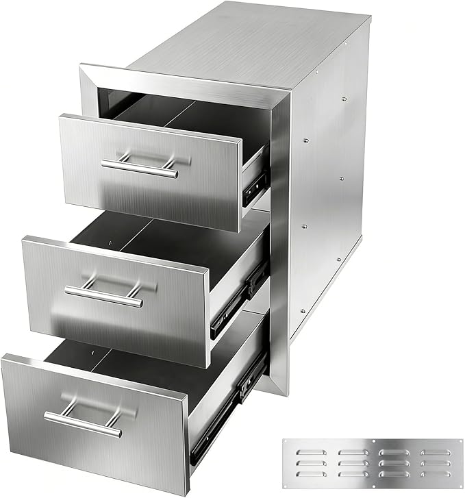 Outdoor Kitchen Drawers 15" W x 25" H x 18.7" D Stainless Steel Flush Mount Modular Cabinet, with Chrome Handle for Outdoor Kitchens or BBQ Island Patio Grill Station
