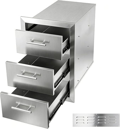 Outdoor Kitchen Drawers 15" W x 25" H x 18.7" D Stainless Steel Flush Mount Modular Cabinet, with Chrome Handle for Outdoor Kitchens or BBQ Island Patio Grill Station