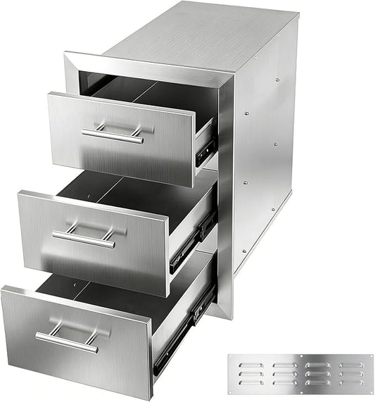 Outdoor Kitchen Drawers 15" W x 25" H x 18.7" D Stainless Steel Flush Mount Modular Cabinet, with Chrome Handle for Outdoor Kitchens or BBQ Island Patio Grill Station
