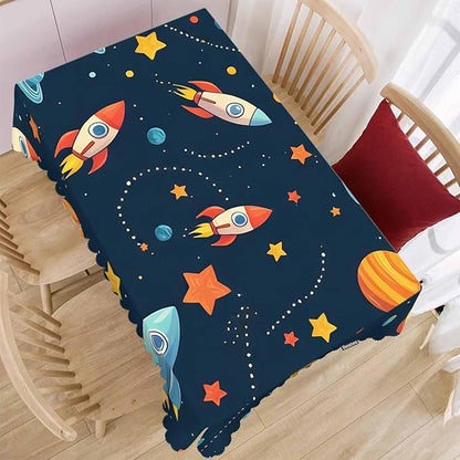 Table Cloth Galaxy Space, Cute Spacecraft Planet Solar System Farmhouse Tablecloth Soft Table Cover for Kitchen Dinning Tabletop Decoration, 52x70 Inch Fitted Tablecloth