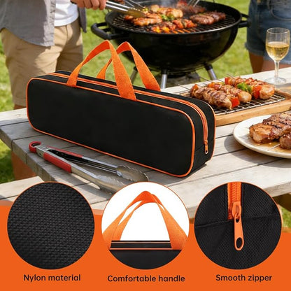 Grill Tool Storage Bag, BBQ Utensil Organizer Carry Case with Skewer Holder, Heavy Duty Grill Accessory Tools Storage for Outdoor Grilling Camping, Hold BBQ Tools up to 16"(Color:Black)