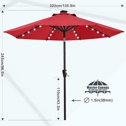 MASTERCANOPY 11FT 8Ribs Patio Umbrella with 32 Solar LED Lights, Outdoor Market Umbrella with Tilt & Crank, UV Protection & Fade Resistant Fabric, Easy Set-Up for Garden, Deck, Pool (Red)