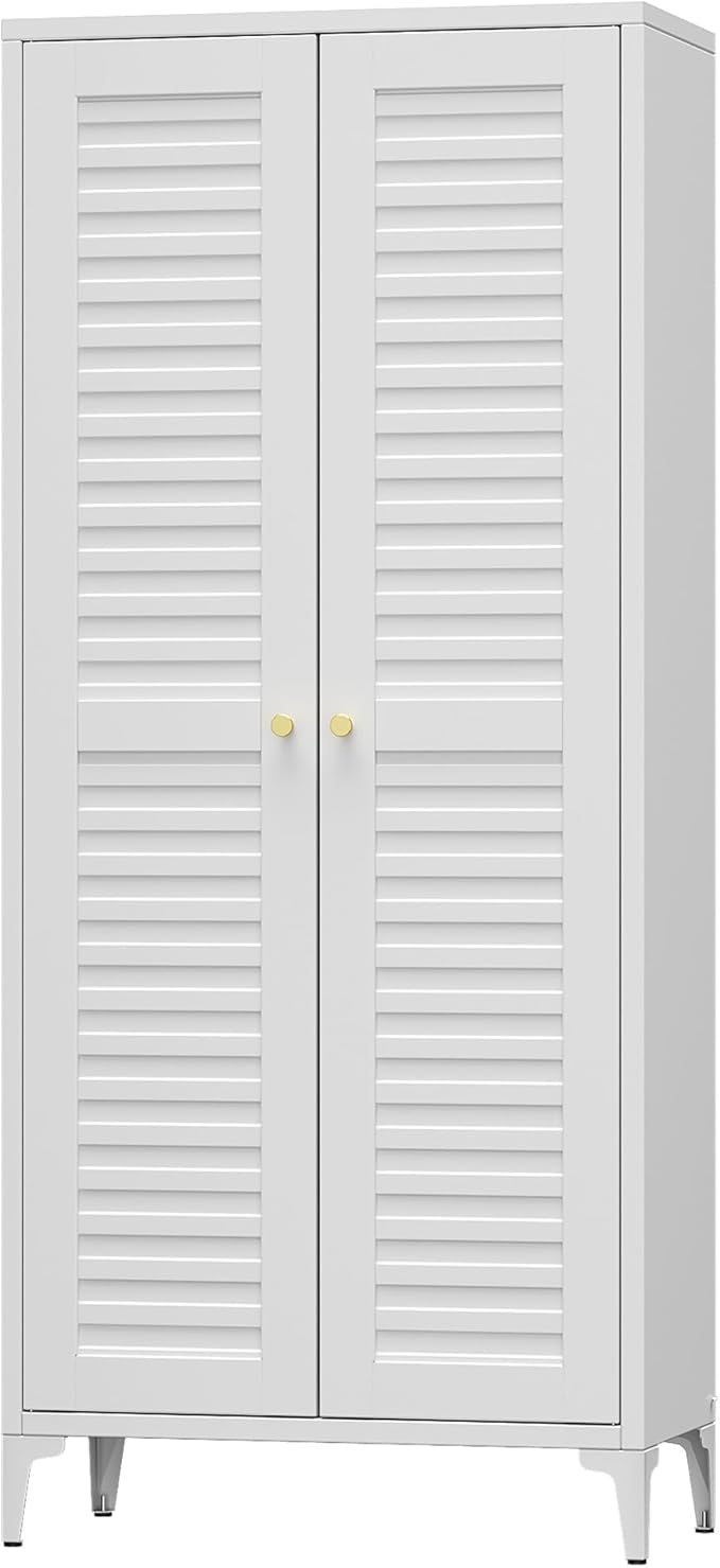 63.6" White Metal Pantry Storage Cabinet, Farmhouse Kitchen Cupboard with 3 Adjustable Shelves, Magnetic Closure, Anti-Tip Kit & Raised Legs for Kitchen, Living Room, Assembly Required