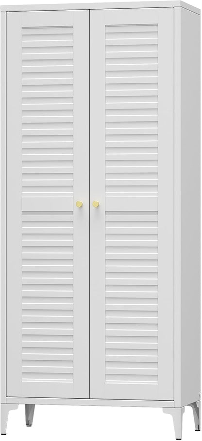 63.6" White Metal Pantry Storage Cabinet, Farmhouse Kitchen Cupboard with 3 Adjustable Shelves, Magnetic Closure, Anti-Tip Kit & Raised Legs for Kitchen, Living Room, Assembly Required