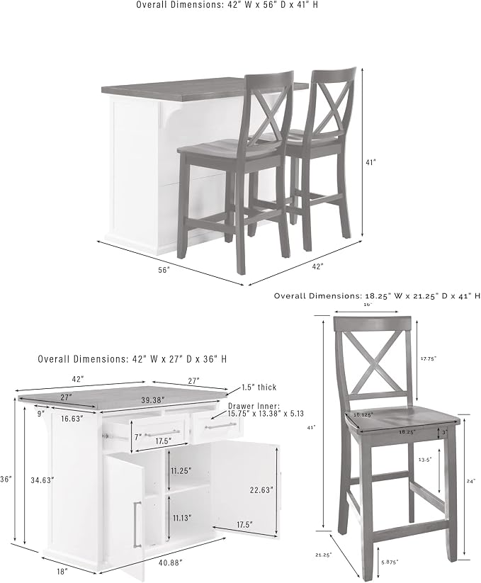 Crosley Furniture Bartlett Kitchen Island with Wood Top and X-Back Stools, White/Black