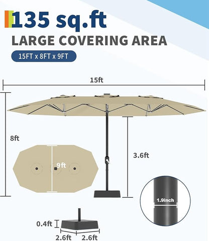 GarveeLife 15 ft Large Patio Umbrella with Lights, 36 LED Lights Double-sided Patio Umbrella with Weighted Base for Poolside Garden Backyard