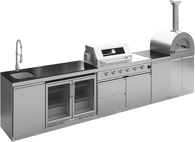 108,000 BTU Modular Outdoor Kitchen,150" Stainless Steel Natural Gas Grill with Built-In Pizza Oven,Side Burner,Rotisserie,Double Door Refrigerator,Granite Countertop,Storage Drawers & Cabinets.