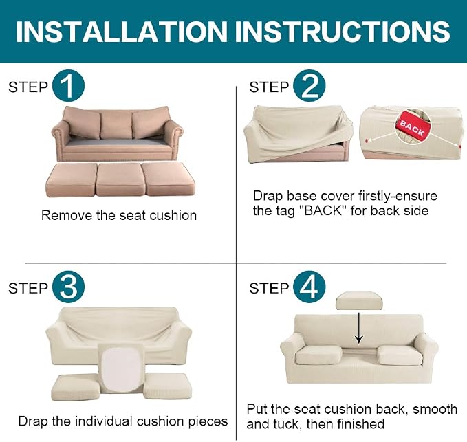 Turquoize 4 Piece Sofa Covers For 3 Cushion Couch Sofa Slipcover Soft Couch Cover For Dogs-Washable Sofa Furniture Covers With 3 Individual Large Cushion Covers Feature Fabric (XL Sofa,Biscotti Beige)