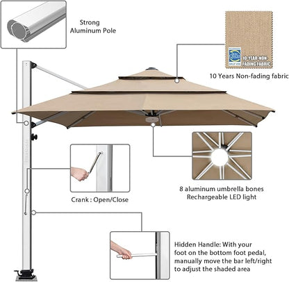 EliteShade USA APOLLO 3-Tier 10x10FT Full Aluminum Cantilever Patio Umbrella for Outdoor restaurant Garden Courtyard Deck Pool and Marketing with Light,Heather Beige