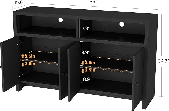 Buffet Sideboard Cabinet with Storage, 55" Kitchen Storage Cabinet, Black | 4 Doors & Adjustable Shelves, Farmhouse Wood Coffee Bar Cabinet for Kitchen, Dining Room, Living Room