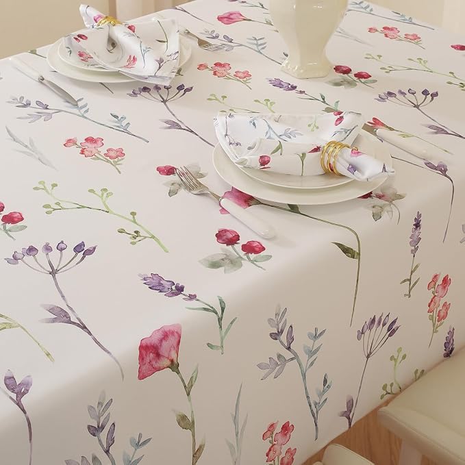 SASTYBALE Summer Floral Tablecloth 60x84 Inch | Water Resistant, Anti-Wrinkle, Soft, Rectangular, For Outdoor Patio Garden Party Picnic BBQ