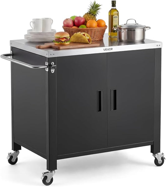 VEVOR Outdoor Grill Cart with Storage Cabinet, 40 Inch Grill Table, Waterproof Kitchen Island with Stainless Steel Top, Spice Rack, and Wheels, Movable Food Prep Station for Patio Bar Backyard BBQ