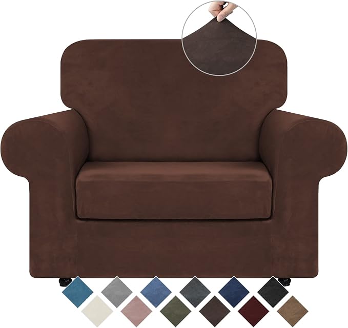 WEERRW Velvet Stretch 2 Pieces Chair Sofa Slipcovers Washable, Chocolate | Armchair Slipcovers Luxury Soft Velvet Plush Furniture Protector Couch Cover with Elastic Bottom for Kids Pets, Small