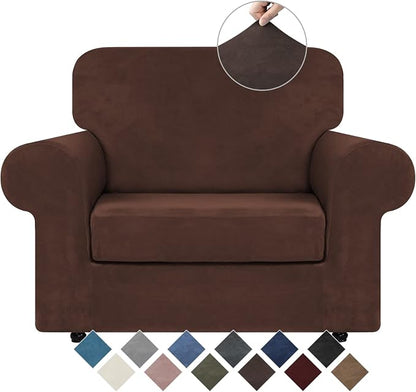 WEERRW Velvet Stretch 2 Pieces Chair Sofa Slipcovers Washable, Chocolate | Armchair Slipcovers Luxury Soft Velvet Plush Furniture Protector Couch Cover with Elastic Bottom for Kids Pets, Small