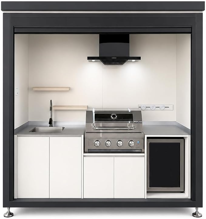 Sunnyjoy Modular Outdoor Kitchen, Premium Aluminum Cabinet System-1 | Standard edition with grill, sink & storage, durable weather-resistant design, includes roll-up set for protection