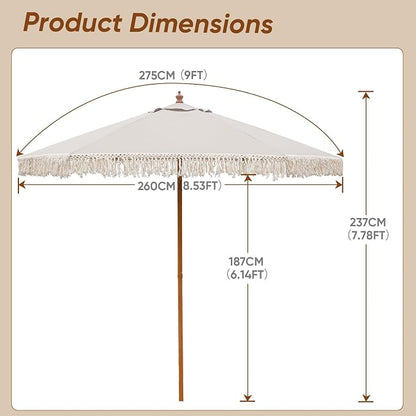 9 FT Patio Umbrella with Fringe,Fringe Portable Beach Umbrella,Heavy-Duty Metal Frame,6 Ribs with Ventilated Canopy,UV Protection & Waterproof, Suitable for Garden,Deck,Pool,Patio Table