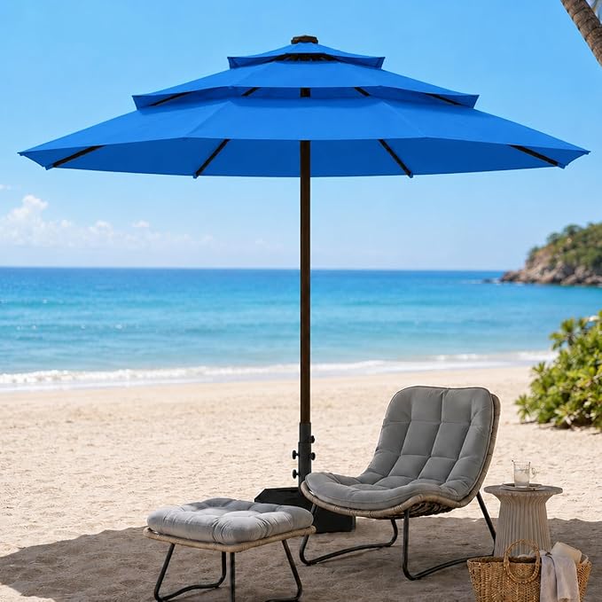10ft Patio Umbrella, 3-Tier Vented Outdoor Table Umbrella with 8 Sturdy Fiberglass Ribs, Windproof Market Umbrella with Push Button Tilt and Crank, UV Protection for Deck, Pool, Royal Blue