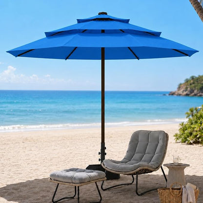 10ft Patio Umbrella, 3-Tier Vented Outdoor Table Umbrella with 8 Sturdy Fiberglass Ribs, Windproof Market Umbrella with Push Button Tilt and Crank, UV Protection for Deck, Pool, Royal Blue