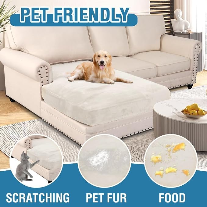 H.VERSAILTEX Velvet Stretch Individual Chaise Cover Sectional Couch Covers for L Shaped Sofa Both Left/Right Furniture Protector Seat Cushion Sofa Cover (1 Piece Chaise Cover, Porcelain White)