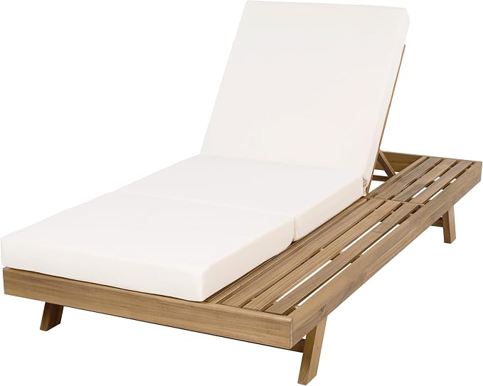 Christopher Knight Home Dami Patio Chaise Lounge Chair Outdoor with Foldable Cushion, Acacia Wood Poolside Sun Lounger, Space Available On One Side, Adjustable Backrest Pool Lounger, Light Brown+Cream