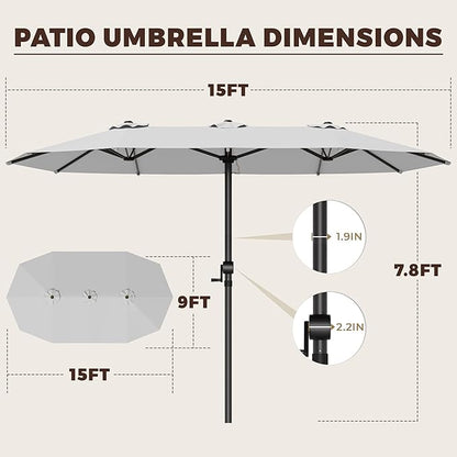 GDPFN 15FT Large Patio Umbrella, Outdoor Deck Standing Umbrella with Crank Handle, Double-Side Rectangular Pool Umbrella for Outside, Market, Patio, Light Gray (Base Not Include)