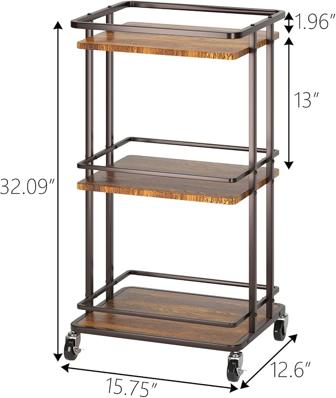 XYZLVSI Bar Cart, Home Bar Serving Cart, 3 Tier Kitchen Shelf with Wheels | Wood and metal, kitchen island storage cart with wheels, multifunction utility cart storage rack for dining room, living room