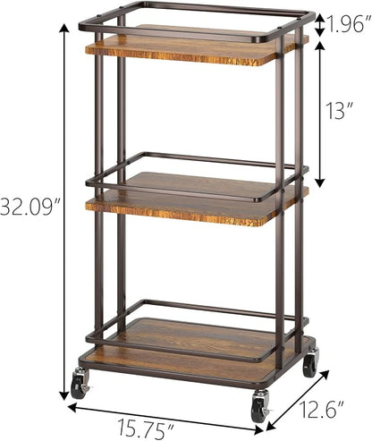 XYZLVSI Bar Cart, Home Bar Serving Cart, 3 Tier Kitchen Shelf with Wheels | Wood and metal, kitchen island storage cart with wheels, multifunction utility cart storage rack for dining room, living room