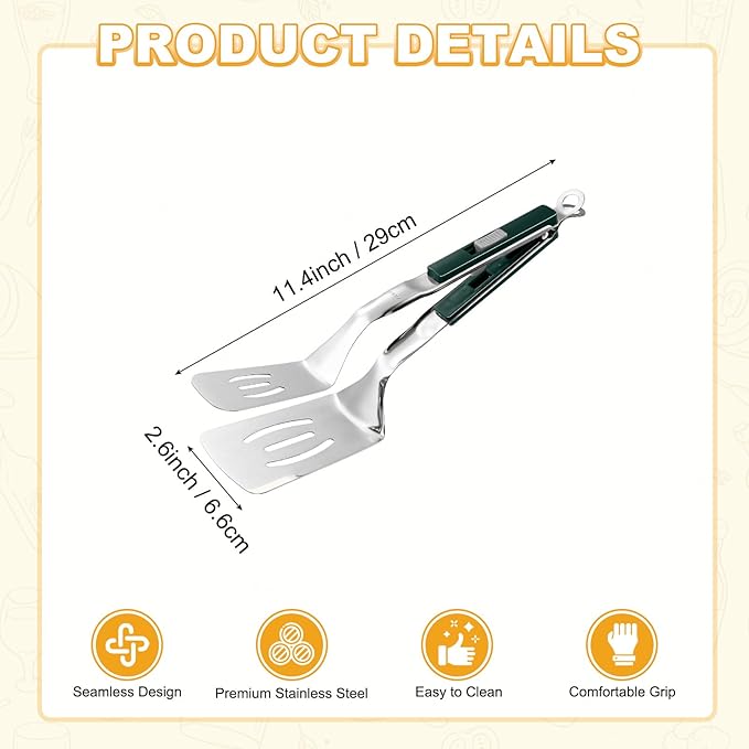 M METERXITY Spatula Tongs, 11.4 Inch 304 Stainless Steel Anti-Scald Multifunctional Flipper Grill Clamp for Cooking/Barbecue, Kitchen Cooking Tongs [Green Handle, Silver Tone]