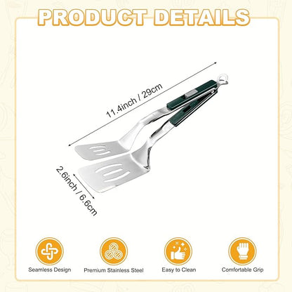 M METERXITY Spatula Tongs, 11.4 Inch 304 Stainless Steel Anti-Scald Multifunctional Flipper Grill Clamp for Cooking/Barbecue, Kitchen Cooking Tongs [Green Handle, Silver Tone]