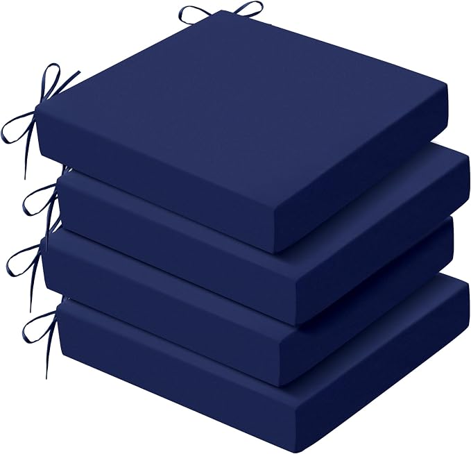 Outdoor Chair Cushions set of 4, 19x19x3 Inch Waterproof & Fade Resistant Patio Furniture Seat Cushions with Ties, Square Outdoor Dining Chair Cushions for Lawn, Garden, Deck & Yard, Navy Blue