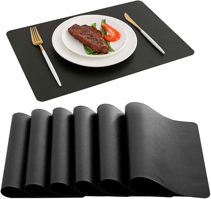 DOLOPL Black Placemats Set of 6-17"x11.8", Faux Leather Heat Resistant Table Placemat for Dining Table Protection, Waterproof Wipeable & Washable Kitchen Table Mats for Dining,Party,BBQ,Holiday