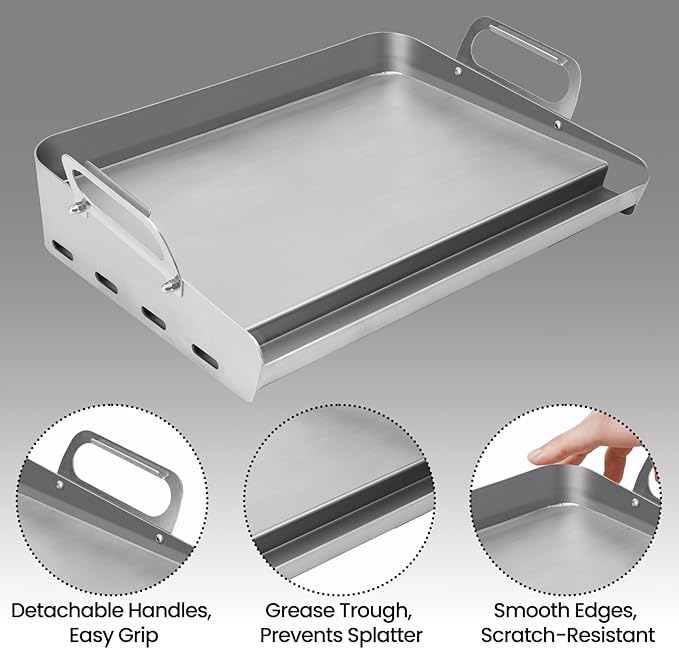 23x16 Inch Griddle for Gas Grill Reinforced Bottom Anti Warp Detachable Handle Grease Groove Stainless Steel Flat Top for Pellet Grill and Stove Outdoor Indoor Cooking