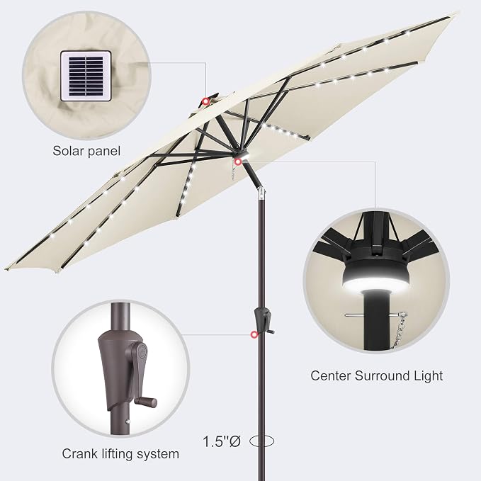 Solar Patio Umbrella with Centre Light, 10 ft Ivory | 40 LED Lights, UV Protection, Solar Outdoor Umbrella for Porch, Deck, Pool, Table, Garden, Provides Evening Lighting