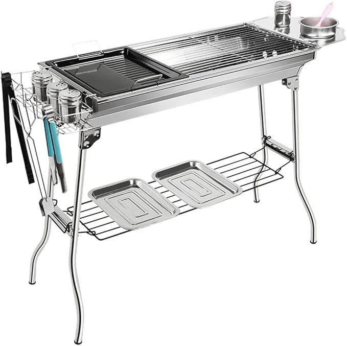 Portable Barbecue Grill, Foldable Stainless Steel Charcoal BBQ, Kebab Grill for Picnic, Backyard, Garden Barbecue, suitbale for 5-15 People (Silver 73 * 34 * 70cm)