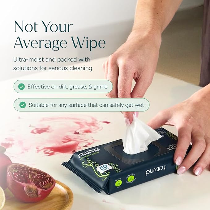 Puracy All Purpose Cleaning Wipes – Non Toxic Multi-Surface Cleaner & Appliance Wipes for Car, Bathroom, Kitchen – Lemongrass Scent (150 Count, 3 Pack)